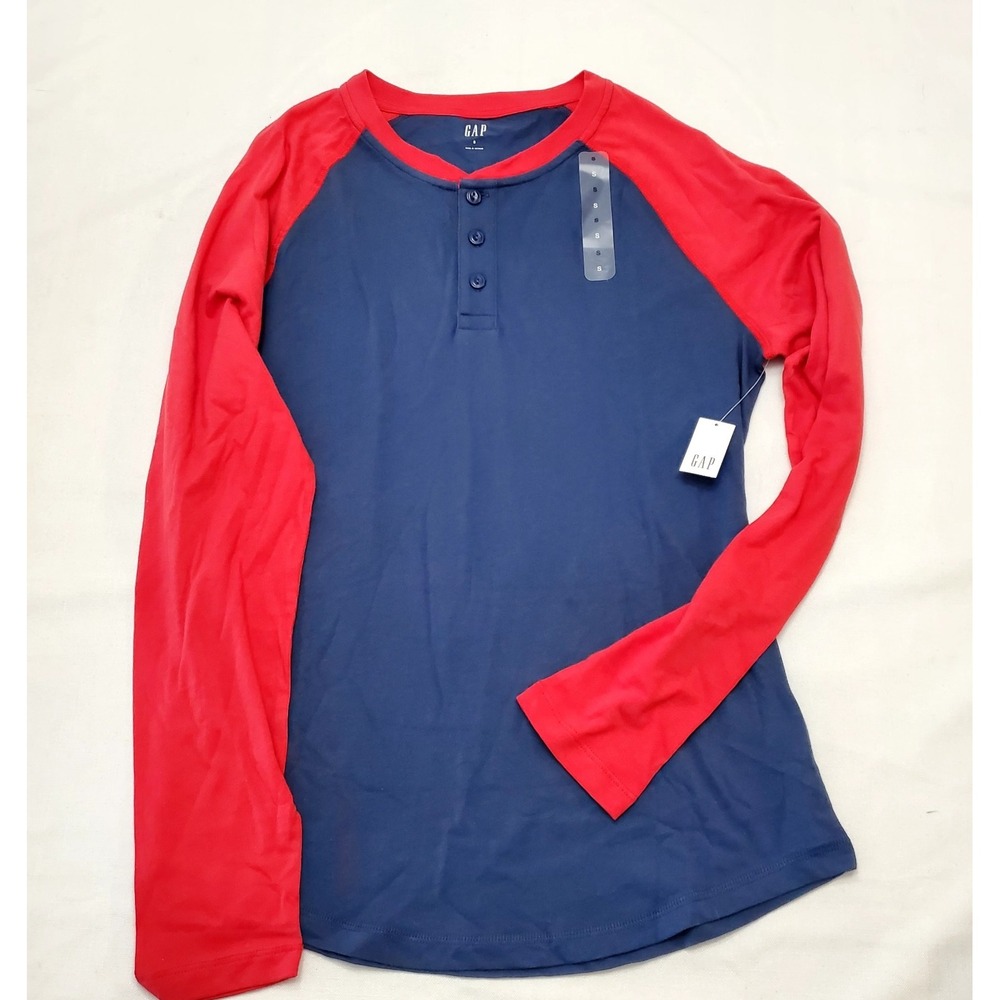 Gap ● Blue & Red 3/4 Sleeve Henley Shirt With Buttons ● Size - Adult Small ● NWT